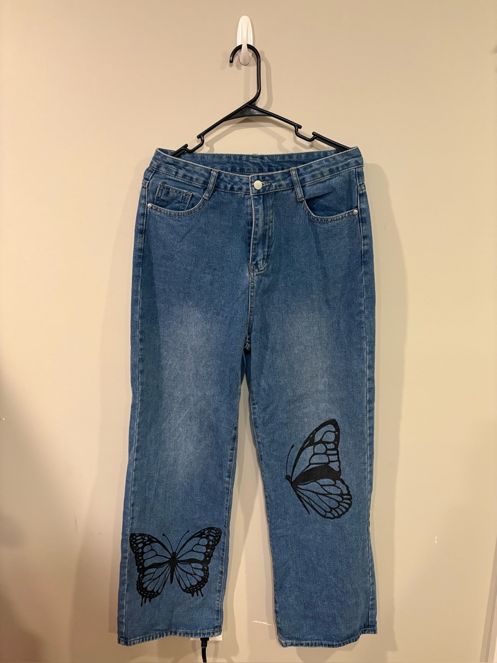 Y2K Women's Blue Denim Jeans with Black Butterfly Print